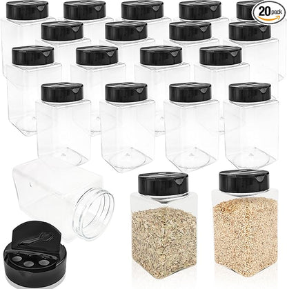 20 Pack 9 oz Plastic Spice Jars with Black Cap Clear Empty Square Plastic Spice Bottle Large Empty Seasoning Containers for Storing Spice Seasoning Powders