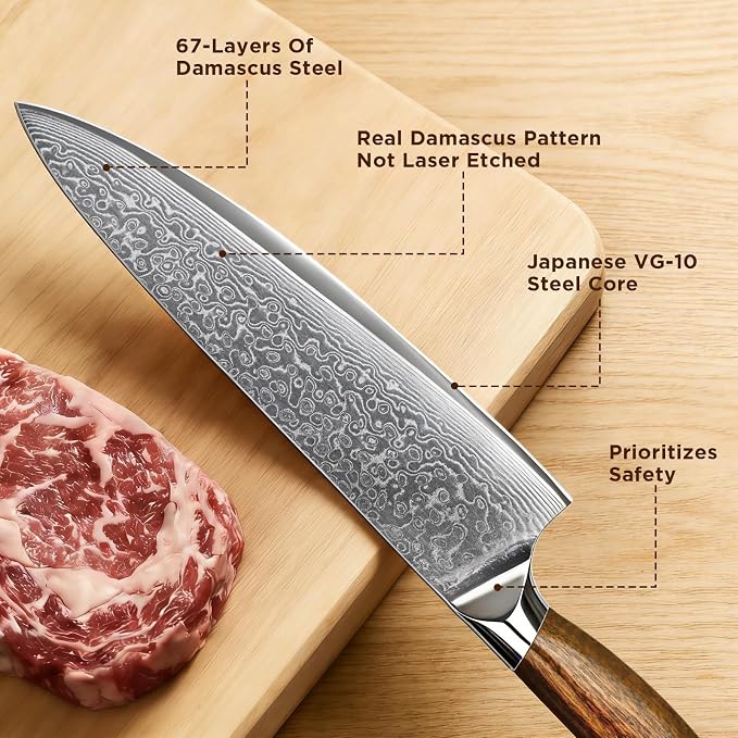 8 Inch Chef Knife – Japanese VG10 Steel Core 67-Layer Damascus, Wood Handle and Premium Gift Box, Full Tang Gyuto Knife, Fathers Day, Unique Gifts for Men & Women