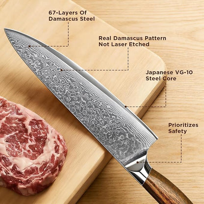 8 Inch Chef Knife – Japanese VG10 Steel Core 67-Layer Damascus, Wood Handle and Premium Gift Box, Full Tang Gyuto Knife, Fathers Day, Unique Gifts for Men & Women