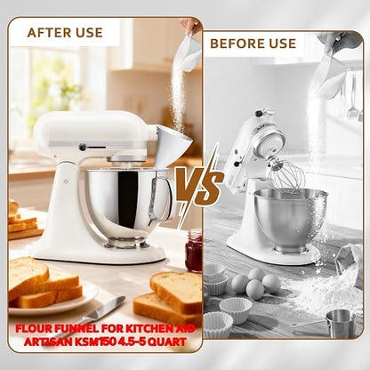 2 Pcs Funnel for Kitchen Aid Mixer, Kitchen Aid Accessories and Attachments for Kitchen Aid Artisan KSM150 4.5-5 Quart Tilt-Head Mixer, Dishwasher Safe Flour Funnel for Kitchen Aid Mixer (milky white)