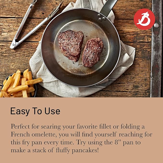 de Buyer MINERAL B Carbon Steel Fry Pan - 8” Diameter, 5.5” Cooking Surface - Ideal for Searing, Sauteing & Reheating - Naturally Non-Stick Finish - Made in France