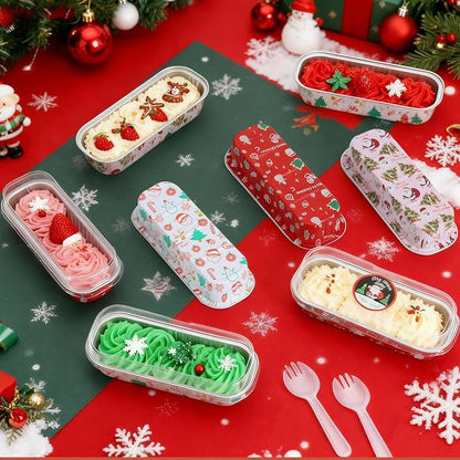 50Pack Mixcolor Christmas Mini Cake Pans with Lids and Spoons Mini Loaf Pans with Lids, 6.8Oz Aluminum Foil Pans Tins, Individual Dessert Cups Containers for Sales,Party,Picnics