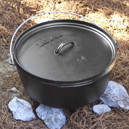 Lodge Seasoned Cast Iron Camp Dutch Oven with Lid - 10 Quart - Dual Handles - Seasoned Cast Iron Cookware with Steel Handle & Strong Lid for Heavy- Duty Camping Cookware