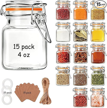 Flrolove 4oz Small Spice Jars with Lids, 15 Pack Airtight Glass Jars, Small Spice Containers Includes Labels & Rubber Gaskets for Kitchen, Jam, Herbs, Crafts, Wedding