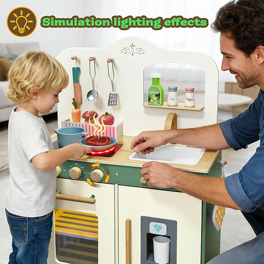 Kids Play Kitchen Toddler Kitchen Playset with Play Food Set Pretend Cooking Set with Sink, Stove, Microwave Wooden Toys Kitchen Gift for Girls and Boys