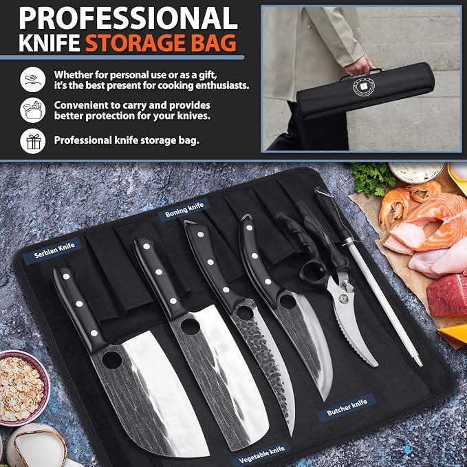TIVOLI Professional Butcher Knife Set for Meat Processing, 7Pcs High Carbon Steel Hand Forged BBQ Knife Sets, Serbian Chef Knife Set with Ergonomic Handle for Kitchen Outdoor Cooking Gifts