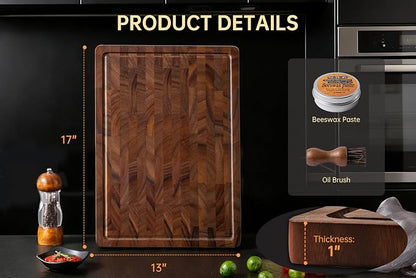 THETCHRY Walnut Cutting Boards for Kitchen, End Grain Wooden Cutting Board, Large Chopping Board Double Sided with Handle, Thick Butcher Block Charcuterie Meal Prep & Serving with Gift Box, 17"×13"×1"