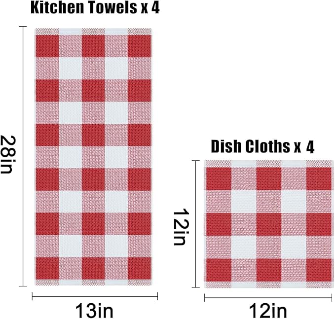 Homaxy Kitchen Towels and Dishcloths Set, 12 x 12 and 13 x 28 Inches, Set of 8 Bulk Cotton Waffle Weave Check Plaid Kitchen Towels, Super Soft and Absorbent Dish Towel, White & Red