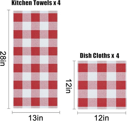 Homaxy Kitchen Towels and Dishcloths Set, 12 x 12 and 13 x 28 Inches, Set of 8 Bulk Cotton Waffle Weave Check Plaid Kitchen Towels, Super Soft and Absorbent Dish Towel, White & Red