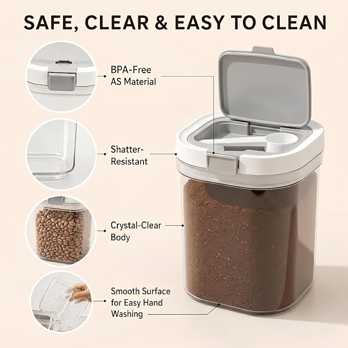 Airtight Brown Sugar Container with Spoon - 44 Fl Oz (1.3L) Clear Storage Jar for Pantry - BPA-Free AS Material Perfect for Ground Coffee (Holds 19 oz Weight), Beans, Flour & Tea