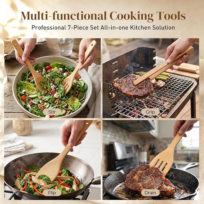 HANSGO 7-Piece Bamboo Kitchen Utensils Set, Wooden Spoons & Spatulas for Nonstick Cookware, Lightweight Heat-Resistant Cooking Tools with Comfortable Grip, Kitchen Gift Set