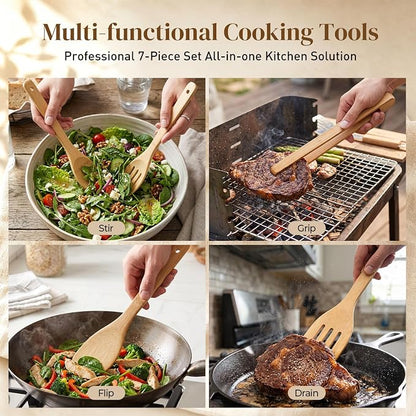 HANSGO 7-Piece Bamboo Kitchen Utensils Set, Wooden Spoons & Spatulas for Nonstick Cookware, Lightweight Heat-Resistant Cooking Tools with Comfortable Grip, Kitchen Gift Set