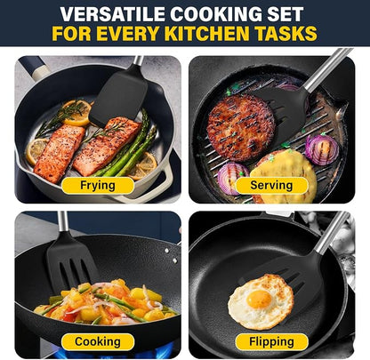 Silicone Spatula Set, Heat Resistant Fish Spatula, Solid & Slotted Turner for Non-Stick Pans, Silicone Cooking Utensils, BPA-Free, Flexible Kitchen Spatula for Flipping Eggs, Burgers, Black, 3 PCS-B