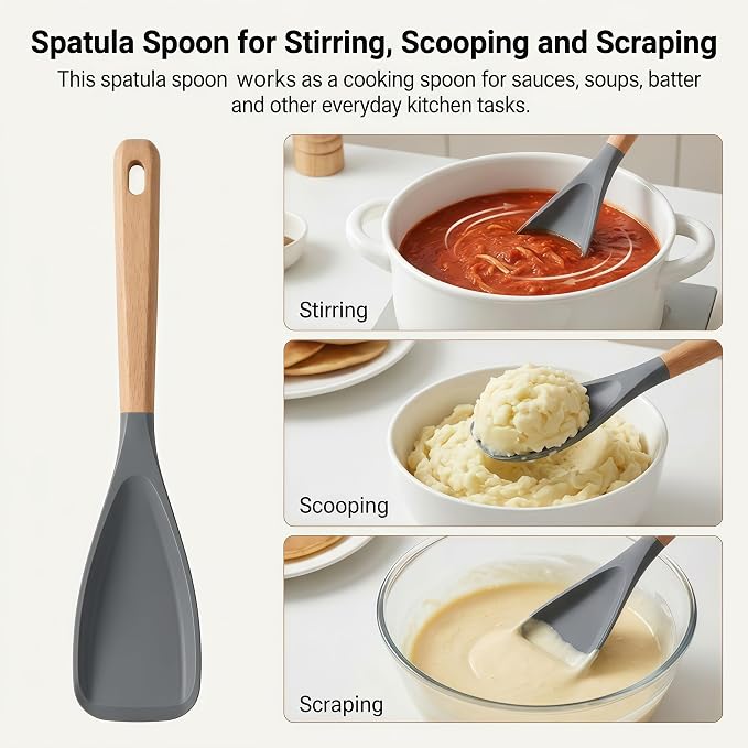 Silicone Spoon Spatula for Cooking, Flexible Spoon for Stirring, Scooping and Scraping, Safe for Nonstick Cookware,Grey