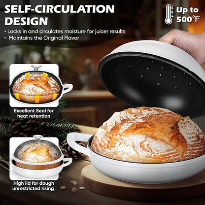 Bread Dutch Oven for Sourdough Baking (5.5 QT), Joyfair Enameled Cast Iron Dutch Oven Pot with Lid, Sourdough Bread Pan with Heavy Duty Dual Handles, Non-Stick & Even Heat, Oven-safe up to 500°F White