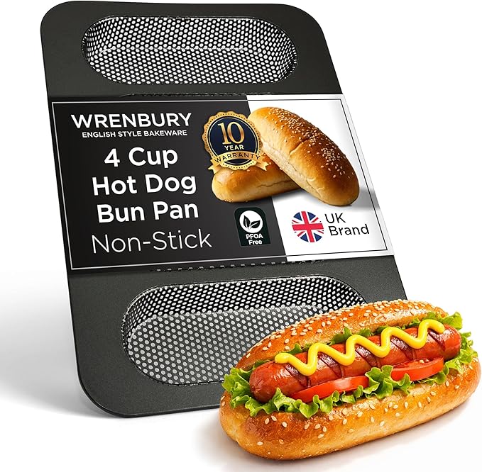 Wrenbury Perforated Hot Dog Bun Baking Pan - Nonstick Bread Mold | Carbon Steel for Crispy Homemade Rolls and Mini Baguettes