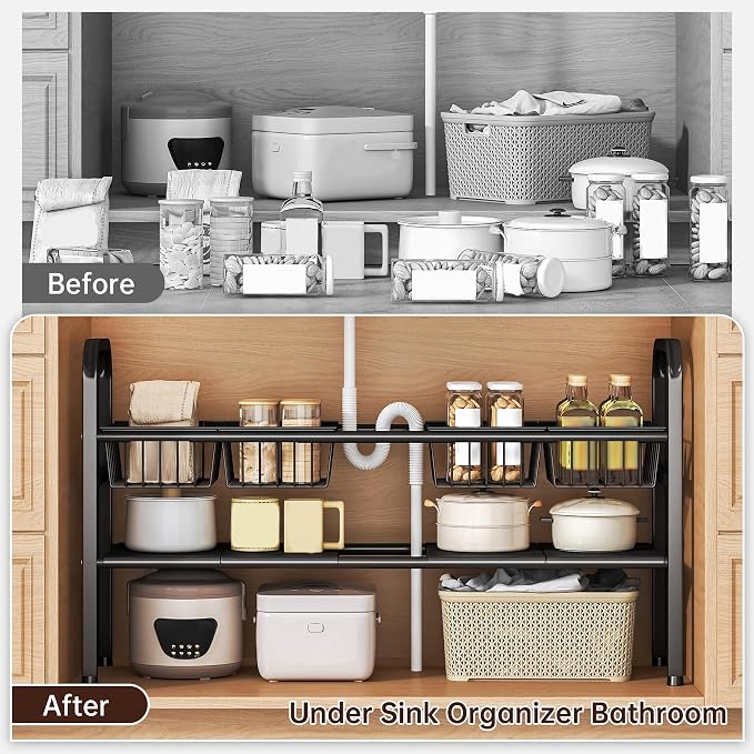 Under Sink Organizers and Storage, 2 Tier Expandable Length Adjustable Height Under Sink Organizer, Easy Assembly Heavy Duty Carbon Steel Space Saving Under Cabinet Shelf Storage Rack