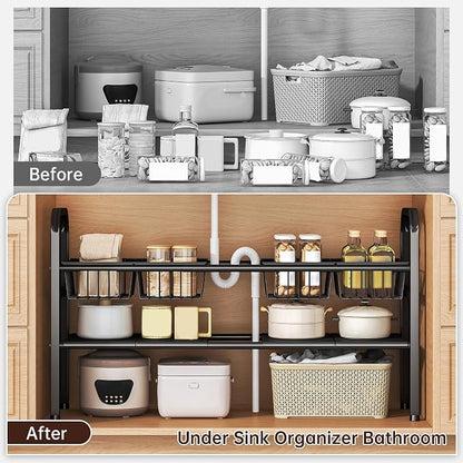 Under Sink Organizers and Storage, 2 Tier Expandable Length Adjustable Height Under Sink Organizer, Easy Assembly Heavy Duty Carbon Steel Space Saving Under Cabinet Shelf Storage Rack