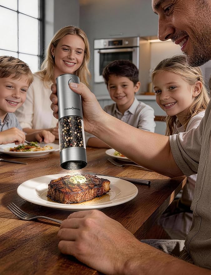 ThermoMaven Electric Salt and Pepper Grinder Set, 110ml Larger Rechargeable Automatic Salt and Pepper Mill Grinder with 6 Adjustable Coarseness, Electric Salt and Pepper Shakers, LED, 2 Packs, Red