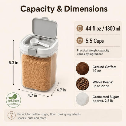Airtight Brown Sugar Container with Spoon - 44 Fl Oz (1.3L) Clear Storage Jar for Pantry - BPA-Free AS Material Perfect for Ground Coffee (Holds 19 oz Weight), Beans, Flour & Tea