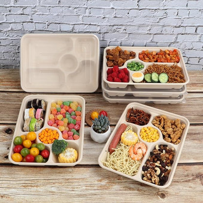 40 oz 5 Compartments disposable Sugarcane Fiber plates with Lids Bagasse Plant Fibers Freezer Safe 25 Pack