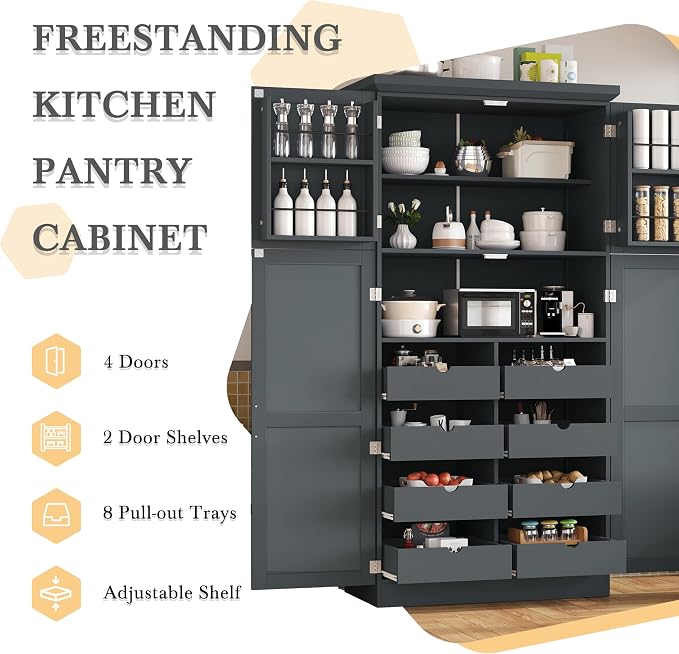 VilroCaz Freestanding Kitchen Pantry Tall Storage Cabinet, Wooden Kitchen Organizers with 4 Doors, 2 Door Shelves, 8 Pull-Out Trays and Adjustable Shelf for Dining Room Living Room (Gray-8.5)