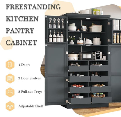 VilroCaz Freestanding Kitchen Pantry Tall Storage Cabinet, Wooden Kitchen Organizers with 4 Doors, 2 Door Shelves, 8 Pull-Out Trays and Adjustable Shelf for Dining Room Living Room (Gray-8.5)