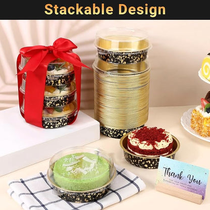 Beasea Mini Ramekins with Lids, 100 Pack 7.3oz Disposable Aluminum Tart Pie Baking Tins Pans, 4 Inch Small Individual Cheesecake Tart Containers Oven Baking Dishes for Party - Black Gold Speckles