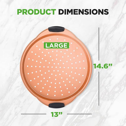 NutriChef 13-Inch Nonstick Pizza Tray - Round Carbon Steel Non-Stick Pizza Baking Pan with Perforated Holes, Premium Bakeware Pizza Screen with Silicone Grip Handles, Dishwasher Safe - Copper