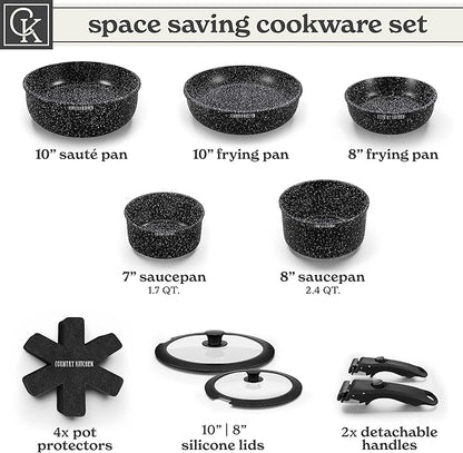Country Kitchen Cookware Set with Removable Handle, Oven & RV Safe Pots and Pans Set, Black, Original