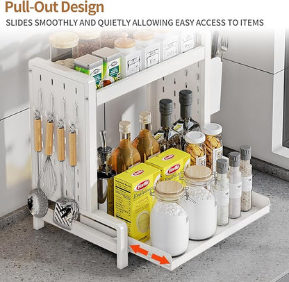 INGIORDAR Spice Rack 2 Tier Metal Standing Kitchen Seasoning Storage Shelf with Hanging Basket Pull Out Countertop Organizer for Counter, Cabinet, Pantry, Bathroom, Bedroom (White)