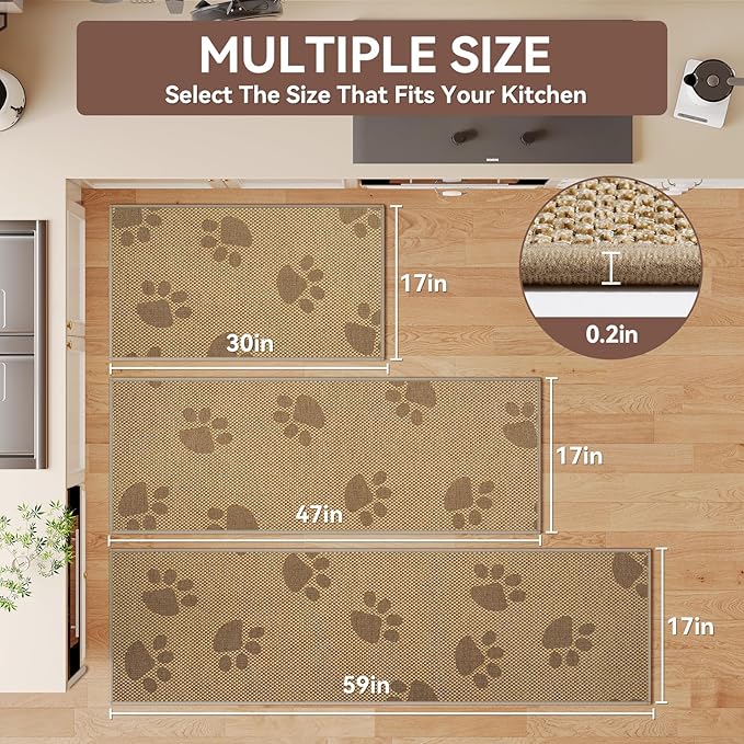 YDKGL Kitchen Mats for Floor, Super Absorbent Kitchen Rugs Non Slip Washable, Rubber Backing Soft Woven Linen Embroidery Runner Rug, Standing Mat Kitchen Sink Mat, Easy to Clean, Brown 17x30