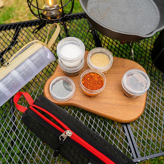 Muloo Camping Spice Kits, Travel Spice Container Bag with 5 Clear Seasoning Bottles Outdoor Spice Jar Kits, Spice Containers, Black