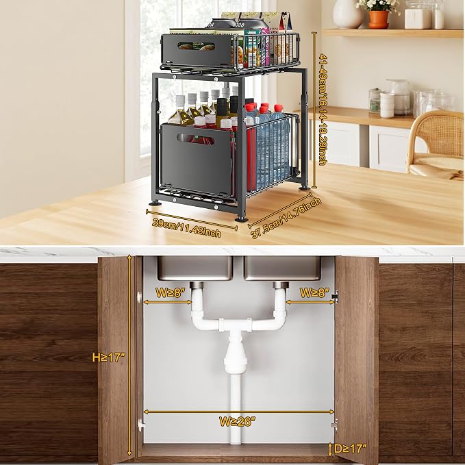 Under Sink Organizer, Pull Out Cabinet Organizer 2 Tier Slide Out Sink Shelf Cabinet Storage Shelves, Under Sink Storage for Kitchen Bathroom Cabinet, Black, 1 Pack