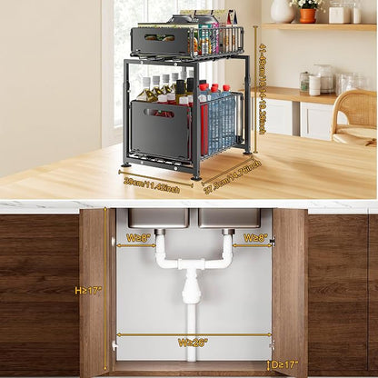Under Sink Organizer, Pull Out Cabinet Organizer 2 Tier Slide Out Sink Shelf Cabinet Storage Shelves, Under Sink Storage for Kitchen Bathroom Cabinet, Black, 1 Pack