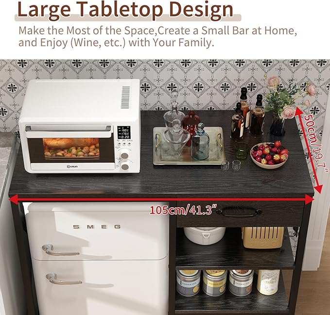 METYERRY Kitchen Bakers Rack with Power Outlet, Microwave Stand with Drawer, Mini Fridge Stand with Adjustable Shelves,Mini Fridge Cabinet Suitable for Dining Room, Dorm,Home, Black