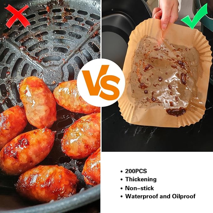 200Pcs Air Fryer Paper Liners, 8 Inch Square Disposable Paper Liner, Non-stick Parchment Paper for Frying Baking Roasting Microwave Oven