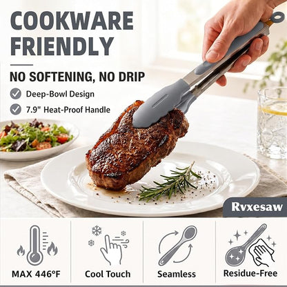 Kitchen Utensils Set,9 PCS Silicone Cooking Utensils Set Spatula Set,Non Toxic Cooking Utensils,Tongs,Spoon,Whisk,Brush,BPA Free Kitchen Gadgets for Non-Stick Cookware,Home Essential(Gray-9P)