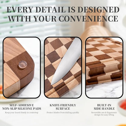 WILLKOMMEN Checkered Cutting Board for Kitchen– Wood Checkerboard End Grain Chopping Board 1" Thick Butcher Block with Juice Groove & Handle, Reversible for Cooking and Serving (Rectangular)
