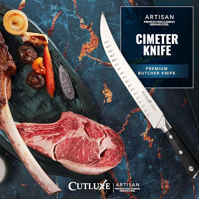 Cutluxe Butcher Knife – 10″ Cimeter Breaking Knife for BBQ & Brisket, Razor Sharp Forged German Steel, Full Tang Meat Carving Knife, Pakkawood Handle, Grilling Gifts for Men – Artisan Series