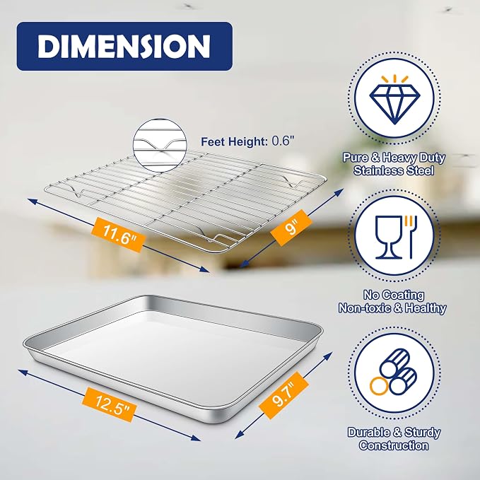 12.5 Inch Baking Sheet Pan with Rack Set, Joyfair Stainless Steel Toaster Oven Pans Tray & Cooling Racks for Cookie/Jelly Roll/Bacon/Meat, Commercial Metal & Rust-free, Dishwasher Safe