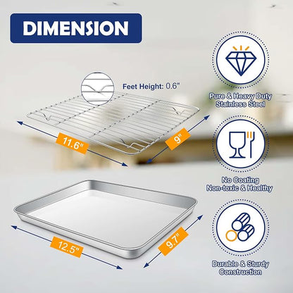 12.5 Inch Baking Sheet Pan with Rack Set, Joyfair Stainless Steel Toaster Oven Pans Tray & Cooling Racks for Cookie/Jelly Roll/Bacon/Meat, Commercial Metal & Rust-free, Dishwasher Safe