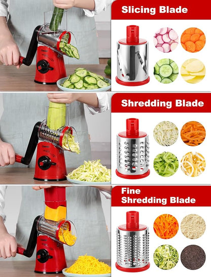 Geedel Rotary Cheese Grater Vegetable Shredder With 6 Interchangeable Blades No Slip Suction Base, Mandoline Slicer & Food Chopper for Cheese, Ice, Nuts, Vegetables, Veggie