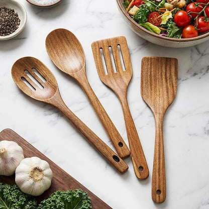 Acacia Wooden Cooking Utensils Kitchen Spatula Wood Slotted Spoons for Cooking Turner Non Toxic Serving Utensils Set Large Stirring Mixing Spoon Kitchen Tool Gadgets Wood Spatula for Cooking Spoons