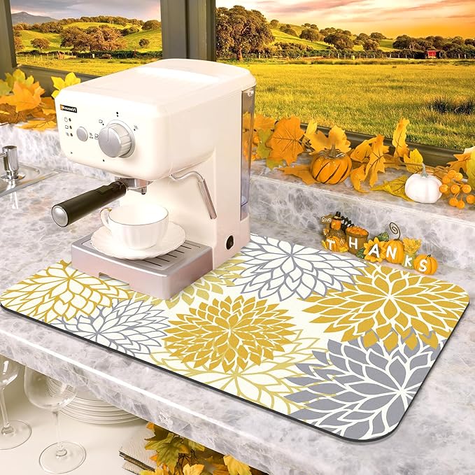 Findosom 2PCS 16" x 24" Fall Dish Drying Mat & 24" x 5.5" Sink Splash Guard, Super Absorbent & Cuttable Dish Mat Drying Kitchen Mat with Yellow Floral, Hide Stain Drying Mat for Kitchen Counter
