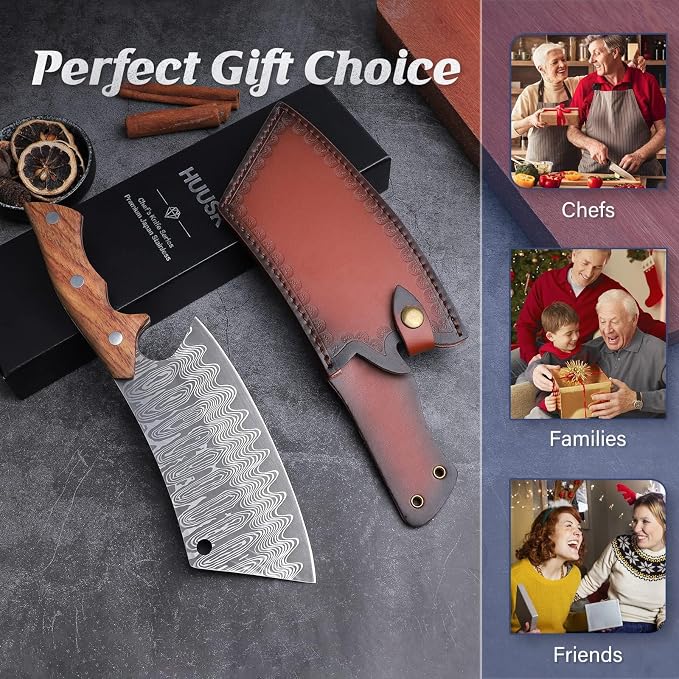 Huusk Hand Forged Meat Cleaver Knife, Japanese Chef Knives with Sheath, Cooking Butcher Knife for Meat Cutting, Vegetable Cleaver for Kitchen, Camping, Gift for Men and Women