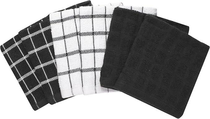 Ritz Premium 100% Cotton Terry Check Kitchen Dish Cloths - Highly Absorbent, Super Soft, Long-Lasting, 12"x12", 6-Pack, Black