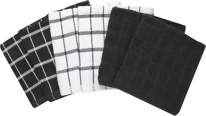 Ritz Premium 100% Cotton Terry Check Kitchen Dish Cloths - Highly Absorbent, Super Soft, Long-Lasting, 12"x12", 6-Pack, Black