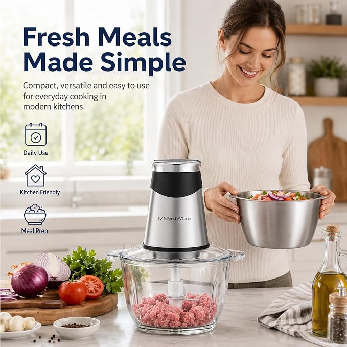 MEGAWISE Electric Food Chopper 800W, Dual-Speed Meat Grinder with1.2L 304# Stainless Steel Bowl & 2.2L Glass Bowl, BPA-Free Food Processor for Meat, Vegetables, and Nuts