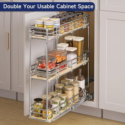7" W x 20.5" D 3-Tier Pull Out Spice Rack Organizer, Solid Wood Base Slide Out Cabinet Shelf for Narrow Kitchen Cabinets, Chrome Pantry Storage